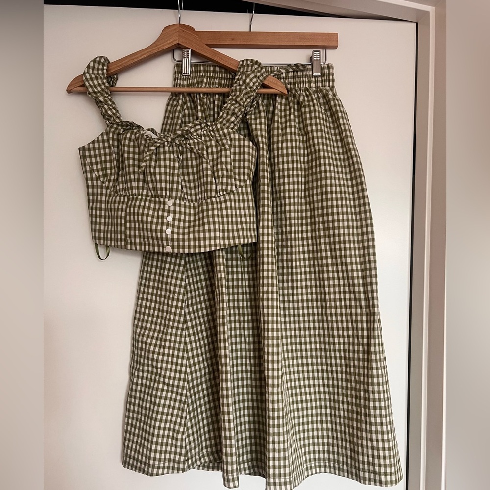 Gingham Crop Top & A-Line Midi Skirt Set in Olive